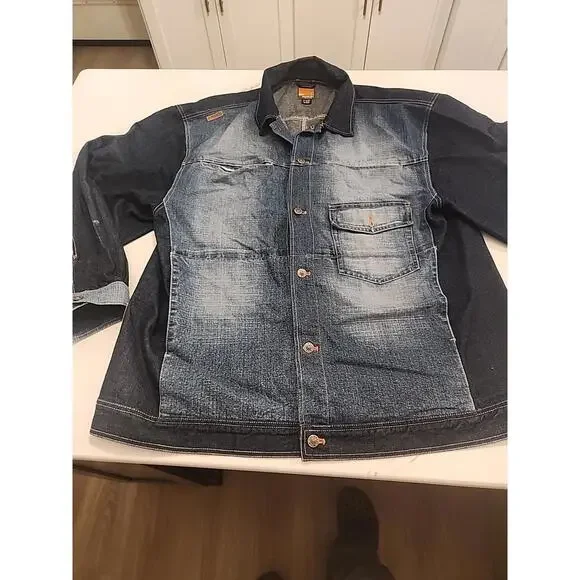 Akademiks Jean Jacket Mens 3XL Blue Denim Button Up Long Sleeve Y2K Hiphop - Picture 1 of 14